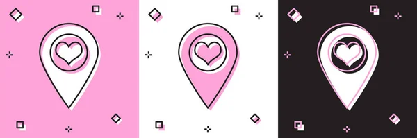 Definir o ponteiro do mapa com ícone de coração isolado em rosa e branco, fundo preto. Ilustração vetorial — Vetor de Stock