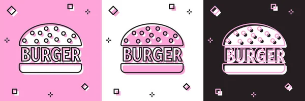 Set Burger icono aislado en rosa y blanco, fondo negro. Icono de hamburguesa. Signo de sándwich de hamburguesa con queso. Ilustración vectorial — Vector de stock