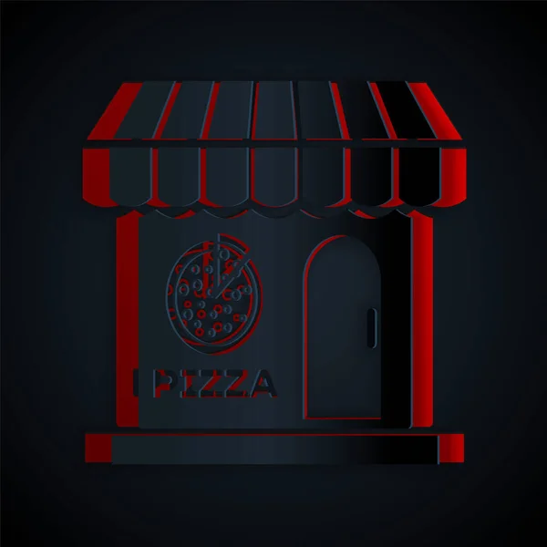 Corte de papel Pizzería edificio fachada icono aislado sobre fondo negro. Quiosco de pizzería de comida rápida. Estilo de arte de papel. Ilustración vectorial — Vector de stock