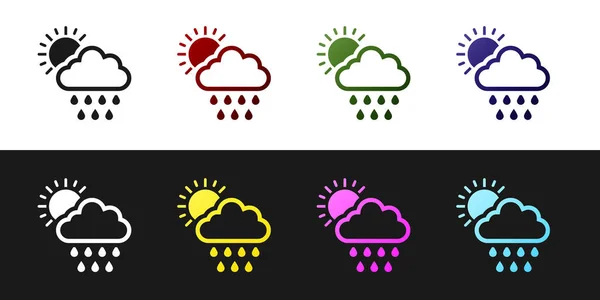 Set Cloud s déšť a slunce ikony izolované na černobílém pozadí. Déšť mraky srážek s kapkami deště. Vektorová ilustrace — Stockový vektor