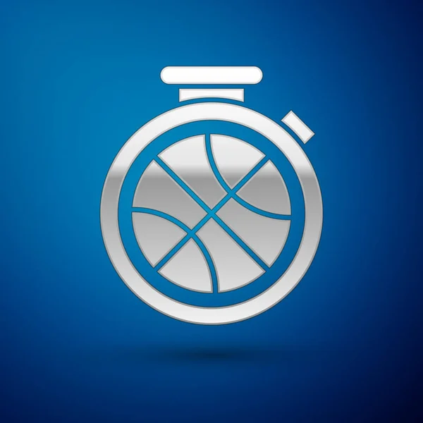 Cronometro in argento con pallone da basket all'interno icona isolata su sfondo blu. E 'l'ora del basket. Sport e allenamento. Illustrazione vettoriale — Vettoriale Stock