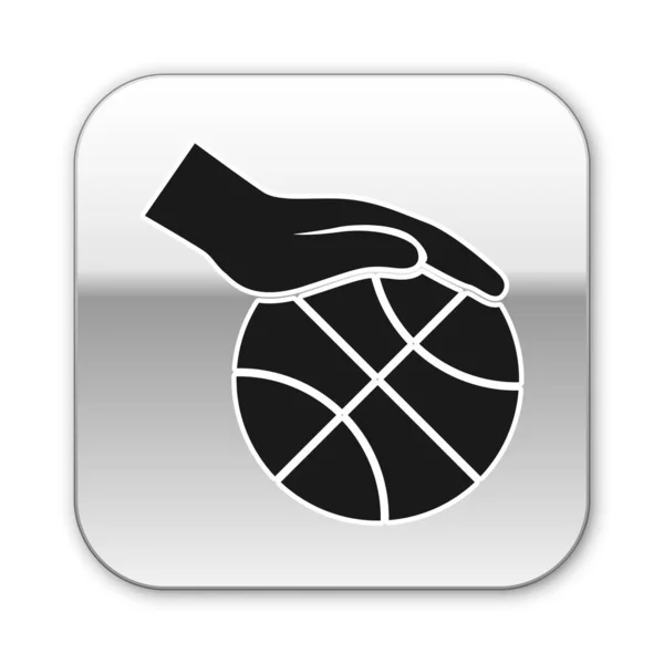 Mano nera con icona di pallacanestro isolato su sfondo bianco. Simbolo sportivo. Pulsante quadrato argento. Illustrazione vettoriale — Vettoriale Stock