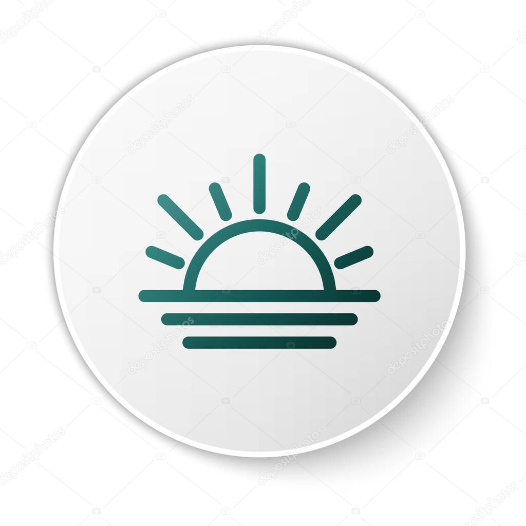 Green Sunset icon isolated on white background. White circle button. Vector Illustration