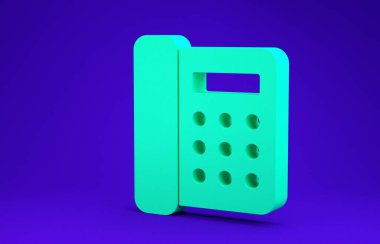 Mavi arkaplanda yeşil telefon simgesi izole edildi. Sabit telefon. Minimalizm kavramı. 3d illüstrasyon 3B canlandırma