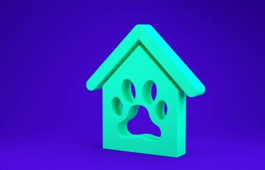 Mavi arka planda yeşil köpek evi ve pati izi ikonu var. Köpek kulübesi. Minimalizm kavramı. 3d illüstrasyon 3d canlandırma