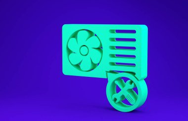 Mavi arka planda izole edilmiş tornavida ve anahtar ikonlu yeşil klima. Ayarlama, servis, ayar, bakım, onarım, onarım. Minimalizm kavramı. 3d illüstrasyon 3d canlandırma