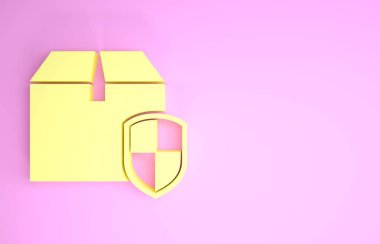 Sarı paket güvenlik sembolü ve pembe arka planda izole edilmiş kalkan simgesi. Teslimat sigortası. Kalkanın ötesinde sigorta kutuları var. Minimalizm kavramı. 3d illüstrasyon 3d canlandırma
