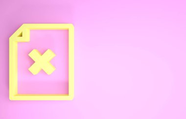 Sarı Silme dosya simgesi pembe arkaplanda izole edildi. Reddedilmiş belge simgesi. Kağıt üzerinde çarmıh. Minimalizm kavramı. 3d illüstrasyon 3d canlandırma