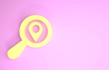Sarı Arama konumu simgesi pembe arkaplanda izole edildi. İşaretli büyüteç. Minimalizm kavramı. 3d illüstrasyon 3d canlandırma