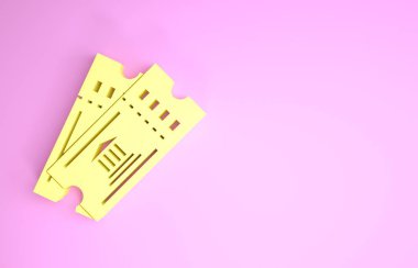 Sarı Müze bileti ikonu pembe arka planda izole edildi. Tarih müzesi bileti etkinliği sergi gezisini kabul ediyor. Minimalizm kavramı. 3d illüstrasyon 3d canlandırma