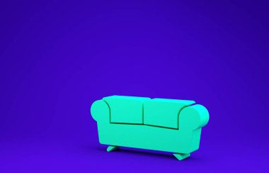 Mavi arkaplanda yeşil kanepe simgesi izole edildi. Minimalizm kavramı. 3d illüstrasyon 3B canlandırma