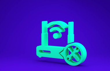Mavi arka planda izole edilmiş tornavida ve anahtar ikonlu Yeşil Yönlendirici kablosuz ağ. Ayarlama, servis, ayar, bakım, onarım, onarım. Minimalizm kavramı. 3d illüstrasyon 3d canlandırma