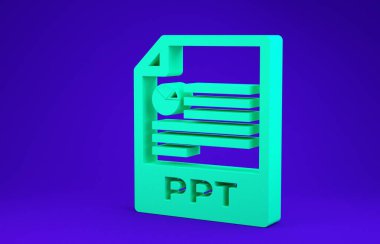 Green Ppt dosya belgesi. ppt düğmesi simgesi mavi arkaplanda izole edildi. Ppt dosya sunumu. Minimalizm kavramı. 3d illüstrasyon 3d canlandırma