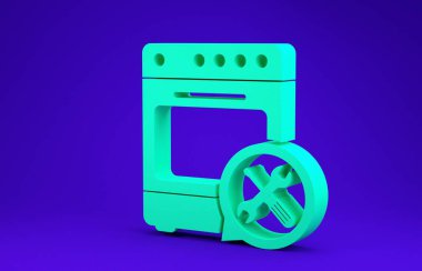 Mavi arka planda izole edilmiş tornavida ve anahtar ikonlu yeşil fırın. Ayarlama, servis, ayar, bakım, onarım, onarım. Minimalizm kavramı. 3d illüstrasyon 3d canlandırma