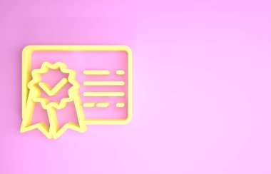 Sarı Sertifika şablon simgesi pembe arkaplanda izole edildi. Başarı, ödül, diploma, burs, diploma. İş başarısı sertifikası Minimalizm kavramı. 3d illüstrasyon 3d canlandırma