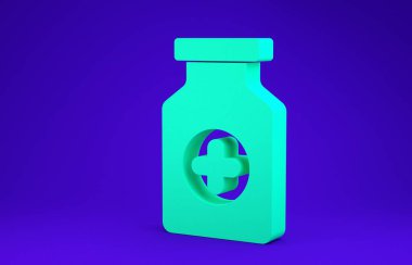 Mavi arka planda yeşil ilaç şişesi simgesi izole edildi. Şişe hapı işareti. Eczane tasarımı. Minimalizm kavramı. 3d illüstrasyon 3d canlandırma