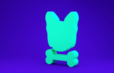 Mavi arka planda yeşil köpek ve kemik ikonu izole edildi. Besin sembolü. Minimalizm kavramı. 3d illüstrasyon 3d canlandırma