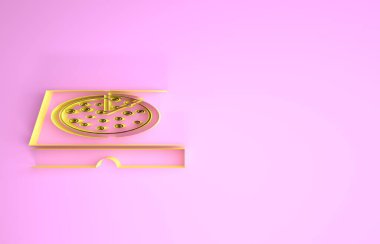 Sarı Pizza, pembe arka planda izole edilmiş karton kutu simgesinde. Düzen elemanlarıyla birlikte kutu. Minimalizm kavramı. 3d illüstrasyon 3d canlandırma