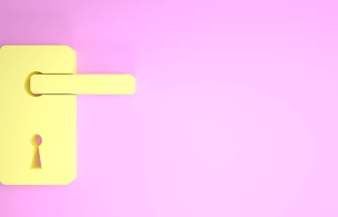 Sarı Kapı sapı simgesi pembe arkaplanda izole edilmiş. Kapı kilidi işareti. Minimalizm kavramı. 3d illüstrasyon 3d canlandırma