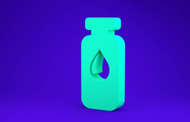 Yeşil tıbbi şişe, ampul, mavi arka planda izole edilmiş şişe ikonu. Aşı, iğne, aşı, sağlık hizmeti konsepti. Minimalizm kavramı. 3d illüstrasyon 3d canlandırma