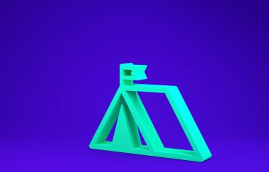 Mavi arka planda bayrak simgesi olan yeşil turist çadırı. Kamp sembolü. Minimalizm kavramı. 3d illüstrasyon 3d canlandırma