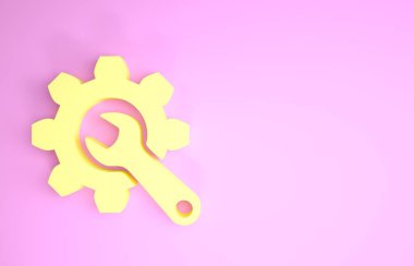 Sarı İngiliz anahtarı ve vites simgesi pembe arka planda izole edilmiş. Ayarlama, servis, ayar, bakım, onarım, onarım. Minimalizm kavramı. 3d illüstrasyon 3d canlandırma