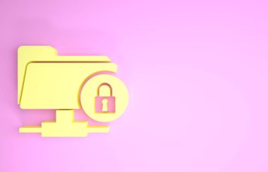 Sarı Ftp dizini ve kilit simgesi pembe arkaplanda izole edildi. Yazılım güncellemesi konsepti, ftp transfer protokolü. Güvenlik, güvenlik, koruma kavramı. Minimalizm kavramı. 3d illüstrasyon 3d canlandırma
