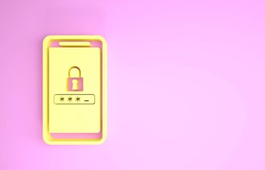 Sarı cep telefonu ve şifre koruma simgesi pembe arka planda izole edildi. Güvenlik, güvenlik, kişisel erişim, kullanıcı izni, mahremiyet. Minimalizm kavramı. 3d illüstrasyon 3d canlandırma