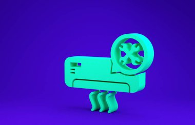 Mavi arka planda izole edilmiş tornavida ve anahtar ikonlu yeşil klima. Ayarlama, servis, ayar, bakım, onarım, onarım. Minimalizm kavramı. 3d illüstrasyon 3d canlandırma