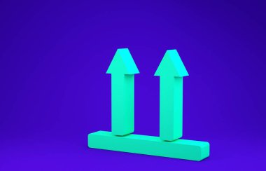 Yeşil Bu taraf mavi arkaplanda izole edilmiş bir simge. Paketin üst tarafını gösteren iki ok. Bu oklar her zaman yukarıyı göstersin diye kargo tutuldu. Minimalizm kavramı. 3d illüstrasyon 3d canlandırma
