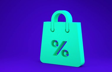 Mavi arka planda yüzde yazılı indirim simgesi olan yeşil Shoping torbası. El çantası işareti. Kadın çanta ikonu. Kadın el çantası işareti. Minimalizm kavramı. 3d illüstrasyon 3d canlandırma