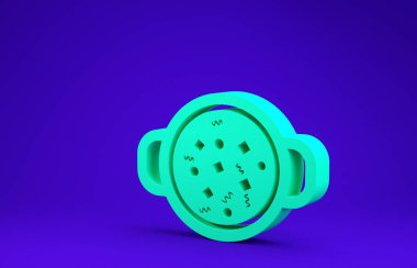 Mavi arka planda izole edilmiş tencere ikonunda yeşil çorba pişirme. Haşlama ya da güveç besin sembolü. Minimalizm kavramı. 3d illüstrasyon 3d canlandırma