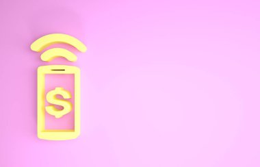 Sarı Temassız ödeme ikonu pembe arka planda izole edildi. Cep telefonu teknolojisi, NFC, akıllı telefonlu kablosuz ödeme. Minimalizm kavramı. 3d illüstrasyon 3d canlandırma