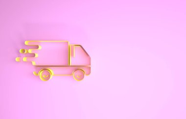 Sarı kargo kamyonu pembe arka planda izole edilmiş hareket simgesinde. Hızlı nakliye kamyonu. Minimalizm kavramı. 3d illüstrasyon 3d canlandırma