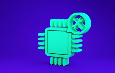 Mavi zemin üzerinde tornavida ve anahtar simgesi olan yeşil işlemci. Ayarlama, servis, ayar, bakım, onarım, onarım. Minimalizm kavramı. 3d illüstrasyon 3d canlandırma