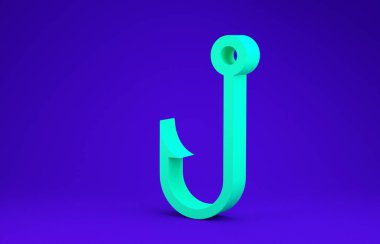 Mavi arkaplanda yeşil balık oltası simgesi izole edildi. Minimalizm kavramı. 3d illüstrasyon 3d canlandırma