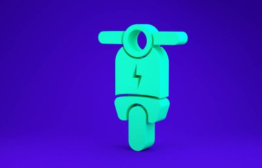 Mavi arka planda yeşil elektrikli scooter ikonu izole edildi. Minimalizm kavramı. 3d illüstrasyon 3d canlandırma
