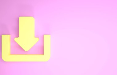 Sarı İndirme simgesi pembe arkaplanda izole edildi. Gönderme düğmesi. Sembolü yükle. Ok uçtan uca. Minimalizm kavramı. 3d illüstrasyon 3d canlandırma