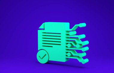 Yeşil Akıllı sözleşme simgesi mavi arkaplanda izole edildi. Engelleme teknolojisi, kripto para madenciliği, bitcoin, altsikkeler, dijital para piyasası. Minimalizm kavramı. 3d illüstrasyon 3d canlandırma