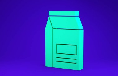 Mavi arkaplanda yeşil yiyecek ikonu var. Hayvanlar için yiyecek. Hayvan maması paketi. Minimalizm kavramı. 3d illüstrasyon 3d canlandırma