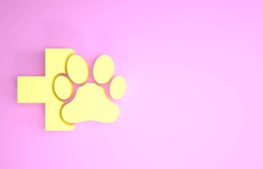 Sarı Veterinerlik Kliniği sembolü pembe arka planda izole edilmiş. Çapraz hastane işareti. Tarz sahibi bir köpek ya da kedi. Evcil hayvan ilk yardım işareti. Minimalizm kavramı. 3d illüstrasyon 3d canlandırma