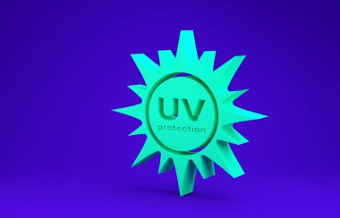 Mavi arkaplanda yeşil UV koruma simgesi izole edildi. Ultra menekşe ışınları radyasyon. Güneş ışığı işareti. Minimalizm kavramı. 3d illüstrasyon 3d canlandırma