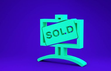 Mavi arkaplanda izole edilmiş metin simgesi satılan Yeşil Asılma işareti. Çıkartma satıldı. Tabela satıldı. Minimalizm kavramı. 3d illüstrasyon 3B canlandırma