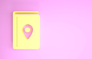 Sarı Kapaklı Kitap Seyahat ikonu pembe arka planda izole edildi. Minimalizm kavramı. 3d illüstrasyon 3d canlandırma
