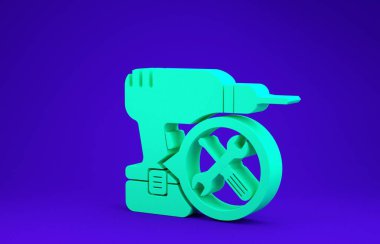 Mavi arka planda izole edilmiş tornavida ve anahtar ikonlu yeşil matkap makinesi. Ayarlama, servis, ayar, bakım, onarım, onarım. Minimalizm kavramı. 3d illüstrasyon 3d canlandırma