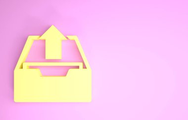 Sarı Gönderen gelen kutusu simgesi pembe arkaplanda izole edildi. Dosyaları arşivden çıkar. Minimalizm kavramı. 3d illüstrasyon 3d canlandırma