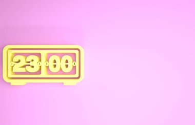 Sarı Retro saat simgesi pembe arkaplanda izole edildi. Duvar kapağı saati, sayı sayacı şablonu, tüm basamaklar takla. Minimalizm kavramı. 3d illüstrasyon 3d canlandırma