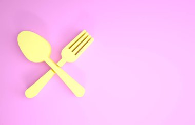 Sarı çapraz çatal ve kaşık ikonu pembe arka planda izole edilmiş. Mutfak aletleri. Çatal bıçak seti. Minimalizm kavramı. 3d illüstrasyon 3d canlandırma