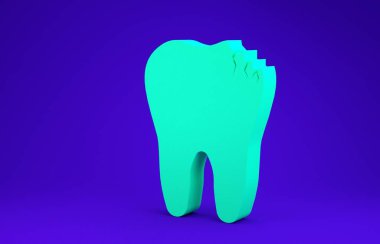 Mavi arka planda yeşil kırık diş simgesi izole edildi. Diş problemi ikonu. Diş sağlığı sembolü. Minimalizm kavramı. 3d illüstrasyon 3B canlandırma