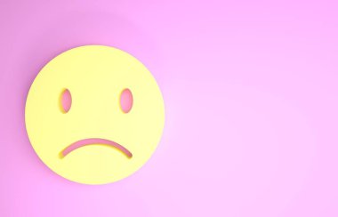 Pembe arka planda izole edilmiş sarı üzgün gülümseme ikonu. Duygusal yüz ifadesi. Minimalizm kavramı. 3d illüstrasyon 3d canlandırma